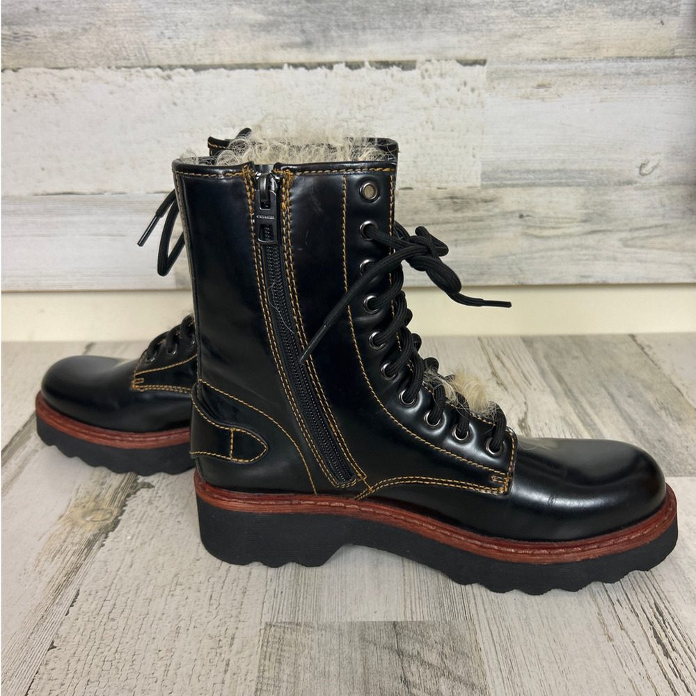Coach Womens 7.5 Black Leather Moto Hiker Ankle Boots Shearling Platform NEW - Picture 7 of 10